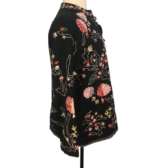Boston Proper Black Floral Embroidered Sweater Jacket, Blazer, Mandarin Collar M - Picture 5 of 9